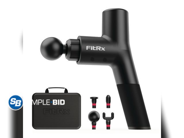 Lot 58-51176 - New FitRx Massage Gun Handheld Deep Tissue Percussion Massager with 6 Speeds and 4 Swappable Heads F...