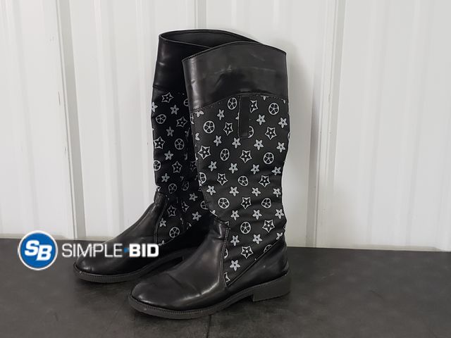 Lot 58-64467 - Pair of Black Canvas Long Boots with Design on Sides  - Size 6 - Very Light Use