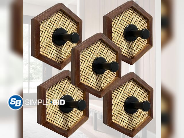 Lot 58-56175 - New Autumn Alley Boho Rattan Coat Hooks, Hat Hooks and Bathroom Towel Hook, Set of 5 Hexagon Entrywa...