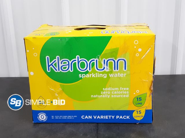 Lot 58-37695 - Klarbrunn sparkling water 30 pack -- LIME and LEMON - unopened - box is damaged