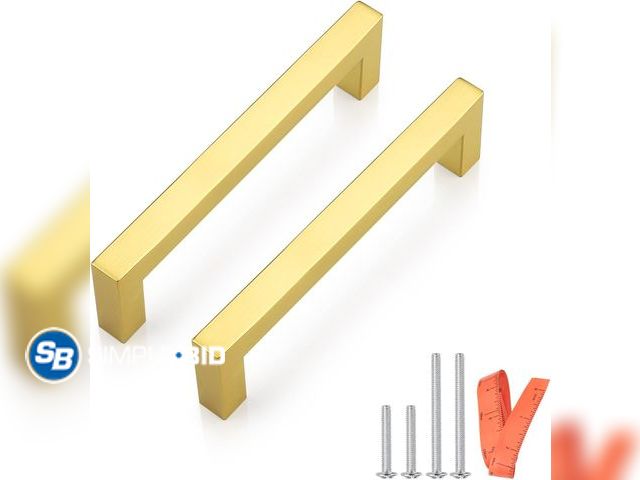 Lot 58-77711 - New Probrico 5 Pack Square Golden Kitchen Cabinet Pulls 5 Inch Stainless Steel Brushed Brass Cabinet...