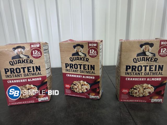 Lot 58-63906 - Lot of (3) Quaker Protein Instant Oatmeal - CRANBERRY ALMOND - - unopened - expired - damaged boxes-...