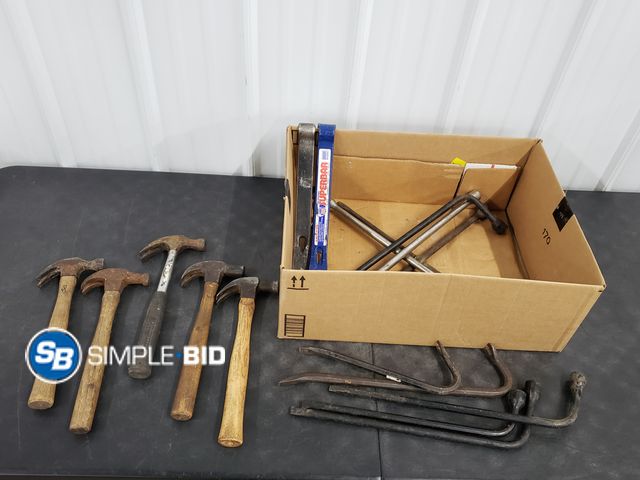 Lot 58-54493 - Box of Tools - Hammers, Pry Bars, Tire Irons and More
