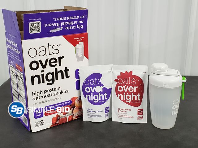 Lot 58-30530 - Oats over Night High - Protein Oatmeal Shakes with Shaker bottle inside -12 packages GLAZED BLUEBERR...