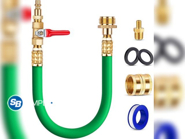 Lot 58-80842 - New Brass RV Winterizing Kit with Schrader Valve Blow Out Plug 17 Inch Garden Hose, 3/4" GHT Adaptor...