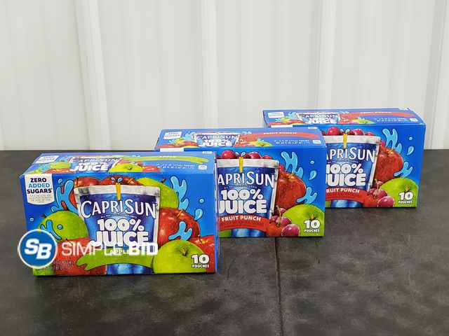 Lot 58-29829 - CAPRI SUN! Lot of (3) Capri Sun (2) Fruit punch (1) apple - 10 packs in each box - unopened