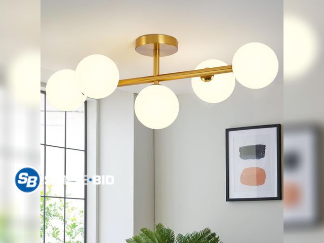 Lot 58-75707 - New Globe Glass Semi Flush Ceiling Light Fixture with Sphere Milk Shade Mid Century Modern Gold 5 Li...