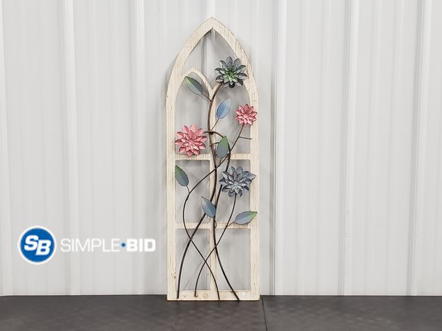 Lot 58-75807 - Faux Wood Window Decor , Metal Flowers -12"x36"
