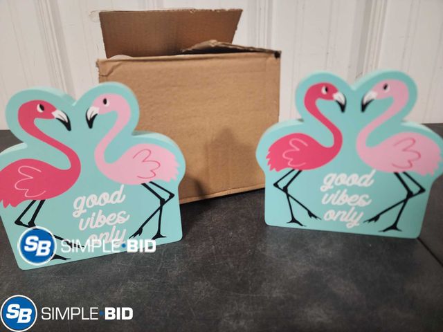 Lot 58-32772 - Lot of (9) New "GOOD VIBES ONLY" flamingo wooden decor