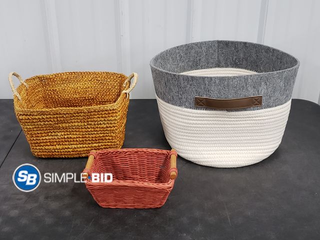 Lot 58-75875 - Lot of (2) Medium Sized (Weaved) Baskets and (1) Small Wicker Basket