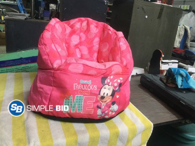 Lot 58-59593 - Beanbag chair Pink and has Mini Mouse
says "Being Fabulous Being Me"