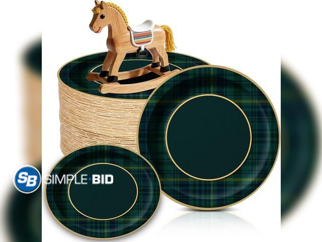 Lot 58-83349 - New 100 Pcs Green Blue Tartan Plaid Paper Plates We Can Bearly Wait Party Plates Disposable Tablewar...