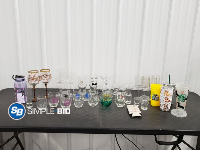 Lot 58-67520 - Lot of Glasses, Wine Glasses and More!!  With a Decorative Woven Basket