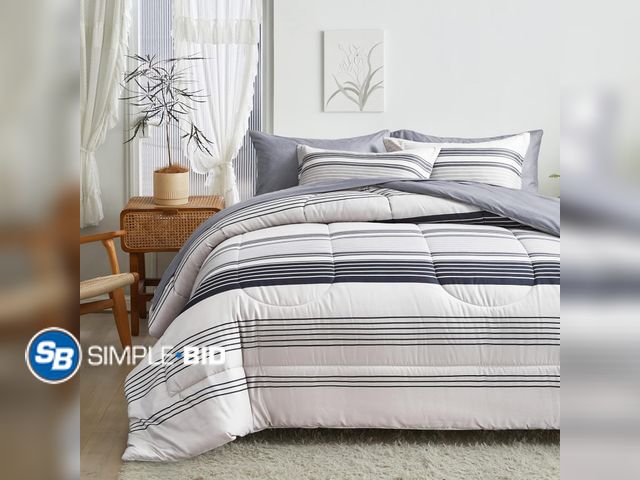 Lot 58-30400 - JoyReap  3 Pcs Gray Striped Boho Comforter Set Full/Queen Size, Grey and Black Stripes on White, Sof...