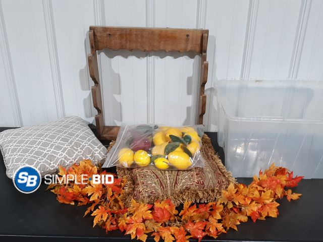 Lot 58-32415 - Tote full Lot of Decor including Leaf Runner -- Fake fruit for table -- Throw pillows - Wooden Gun H...