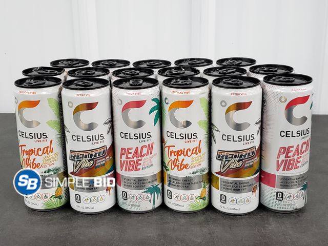 Lot 58-29782 - CELSIUS! Lot of (17) Celsius RETRO VIBE - TROPICAL VIBE - PEACH VIBE - unopened - out of box