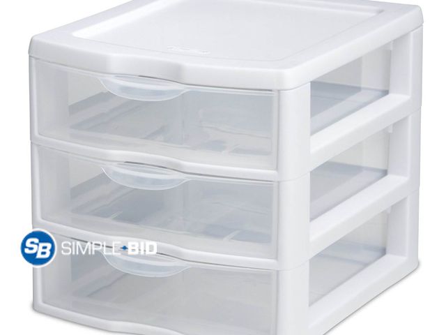 Lot 58-36134 - New Sterilite Small 3 Drawer Unit, Clear Plastic Countertop or Desktop Drawers, White