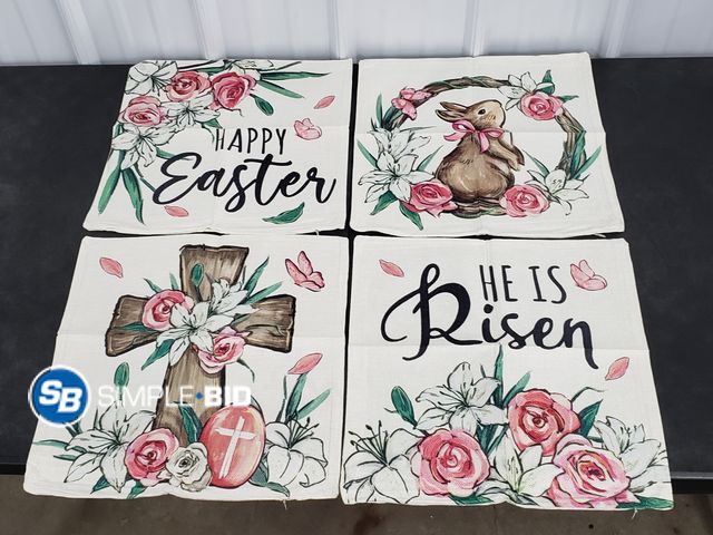 Lot 58-53289 - Lot of (4) New EASTER throw pillows -- HE IS RISEN! -- EASTER BLESSINGS and more - approx. 18" x 18"