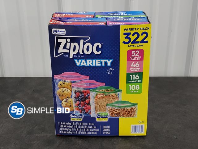Lot 58-50180 - ZIPLOC! Variety pack 322 total bags - STORAGE gallon - STORAGE quart -- Sandwich - Snack bags - unop...