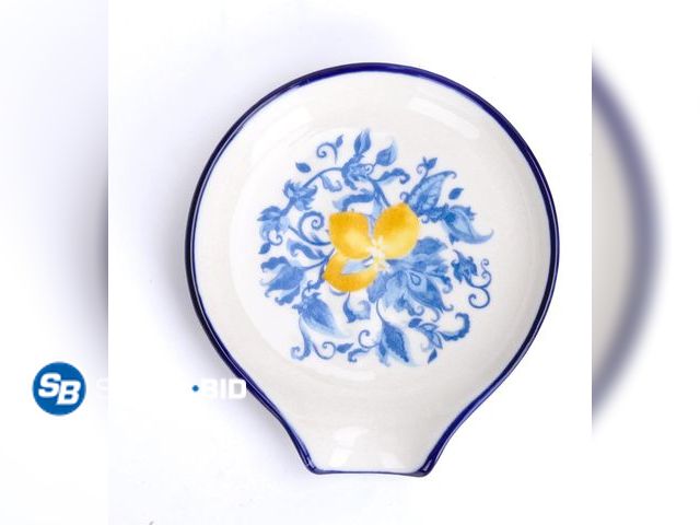 Lot 58-56598 - New  Lemon Floral Ceramic Spoon Rest 3.9 Inch Blue Flower Chinoiserie Summer Watercolor Lemon Small ...