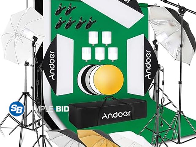 Lot 58-31899 - Andoer Professional Softbox Photography Studio Lighting Kit with 3 Color Backdrops, 6.5*10ft Backdro...