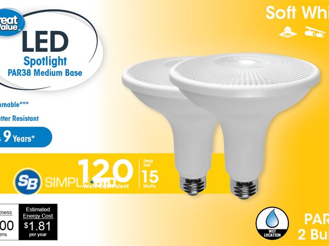 Lot 58-36125 - New Great Value LED Light Bulb, 15 Watts (120W Equivalent) PAR38 Floodlight Lamp E26 Medium Base, Di...