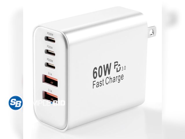 Lot 58-67622 - New Fast Charger USB C Charger Block, 60W USBC Charging Cubes, 5-Port PD+QC Power Adapter Multiport ...