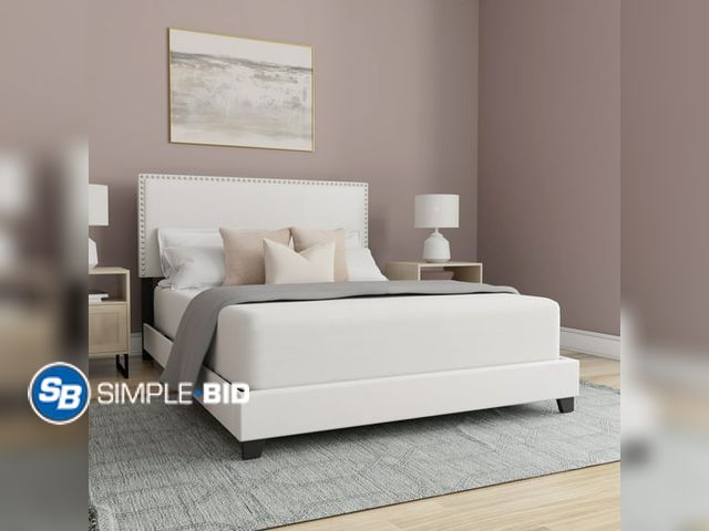 Lot 58-41391 - Willow Nailhead Trim Upholstered QUEEN Bed, White Faux Leather - unused in box ( headboard does have...