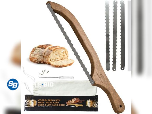 Lot 58-50830 - New Kitchen Click Bread Knife for Homemade Bread – 16" Acacia Wood Bow Knife with 3 Extra Blades – S...