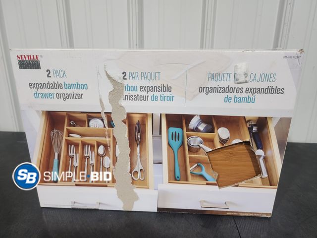 Lot 58-28928 - Seville Classics 2 pack Expandable Bamboo Drawer organizer - appears unused - damaged box