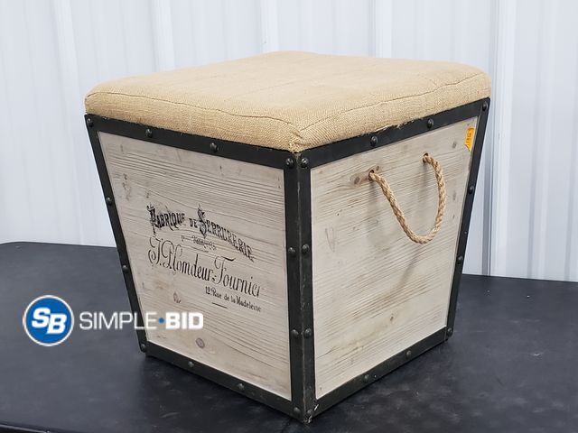 Lot 58-57962 - Decorative Ottoman Storage Chest with cushion and Burlap handles - approx 18" x 18"
