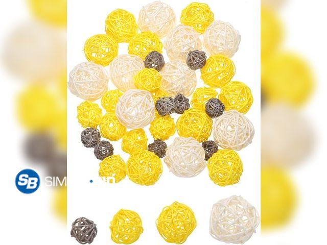 Lot 58-77775 - New MECCANIXITY 36 Pcs Vase Filler Decorative Balls, 2.4/2/1.6/1.2" White/Yellow/Gray Wicker Rattan ...