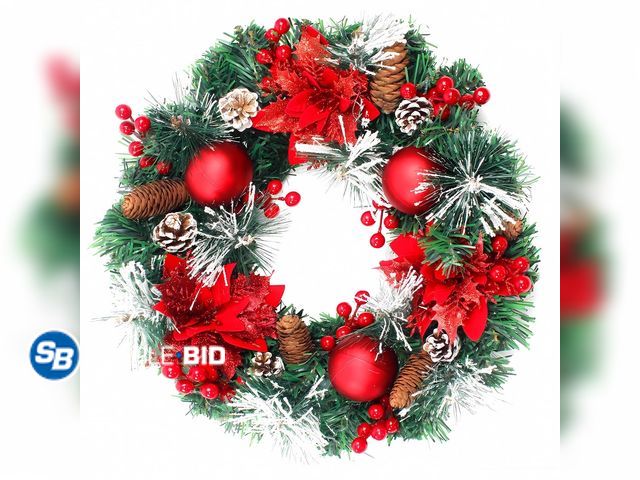 Lot 58-31770 - New Christmas Wreath for Front Door Decoration Farmhouse Christmas Floral Wreath with Lights for Hom...
