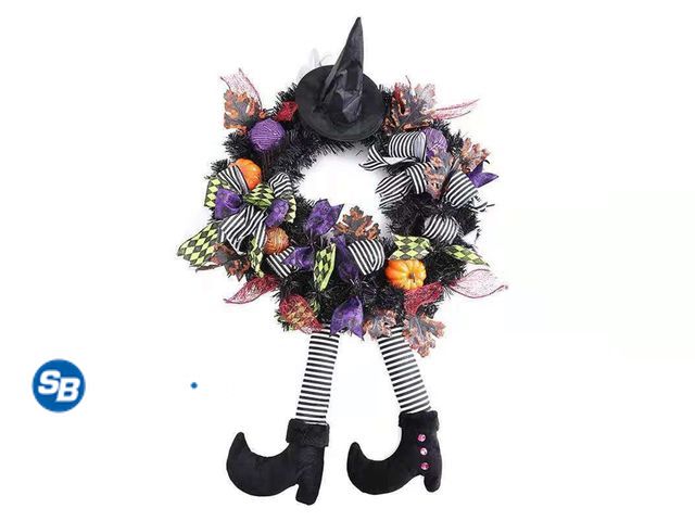 Lot 58-35079 - Halloween decorations,Halloween Wreath Front Door,24'' Witch Wreath,Witch's Hat And Legs Hanging Leg...