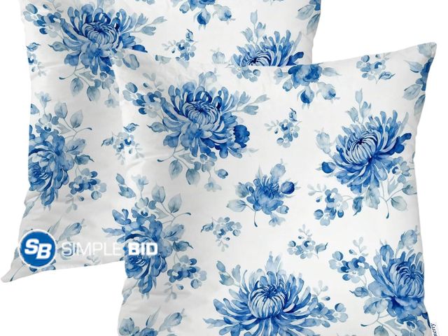 Lot 58-52274 - New Batmerry Floral Pillow Covers 18x18 Inch Set of 2, Floral Shabby Chic Pink Rose Flowers Blue Dou...