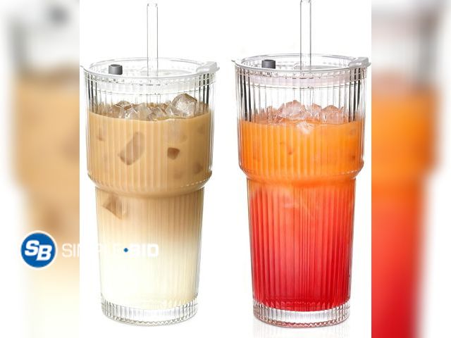 Lot 58-73977 - New 20OZ Glass Tumbler with Straw and Lid,Glass Cups with Lids and Straws,2PCS Ribbed Iced Coffee Cu...