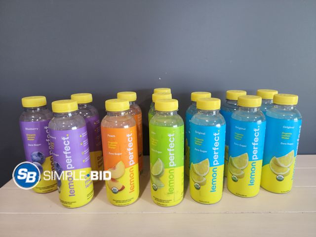 Lot 58-37777 - LEMON PERFECT! Lot of (14) Lemon perfect zero sugar lemon water -- PEACH - ORIGINAL - LIME - BLUEBER...