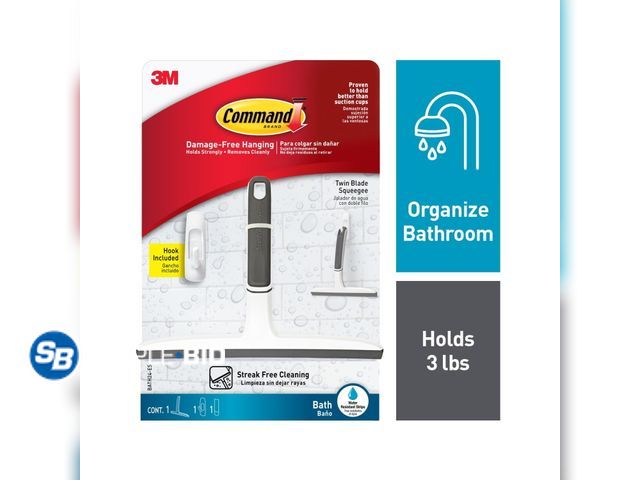 Lot 58-58974 - New Command Twin Blade Squeegee with Bath Wall Hook, White, 1 Squeegee, Streak Free Cleaning, 9" Hei...