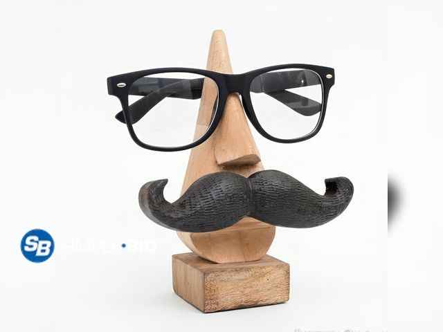 Lot 58-78141 - New Wooden Nose-Shaped Eyeglass Holder with Mustache - Mango Wood Spectacle Stand, Fun Novelty Desig...