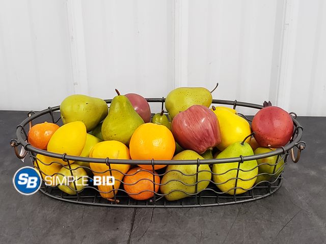 Lot 58-75769 - Heavy Metal Basket Filled with Artificial Fruit (Apples, Lemons, Oranges, Etc) Approx 20"x10"x4"