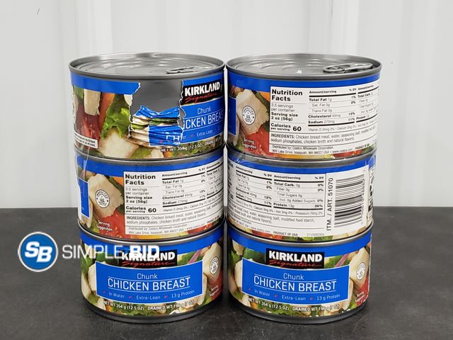 Lot 58-29903 - Lot of (6) Kirkland Chunk Chicken Breast 12.5 oz cans - unopened - some dented cans