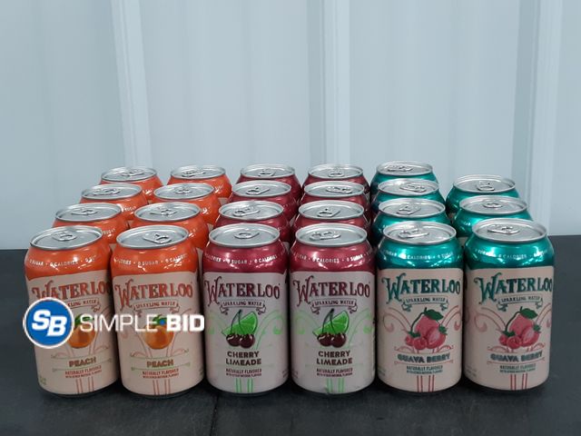 Lot 58-29737 - WATERLOO! Lot of (22) Waterloo Sparkling water Guava Berry cherry Limeade Peach sparkling water 12 f...