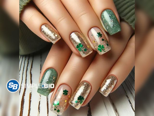 Lot 58-67314 - New 24Pcs St. Patrick's Day Press on Nails Short Medium Square Fake Nails with Green Shamrock Design...