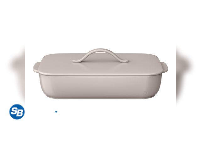 Lot 58-37463 - New Beautiful 9”x13” Covered Stoneware Baking Dish, Porcini Taupe by Drew Barrymore (handle needed s...