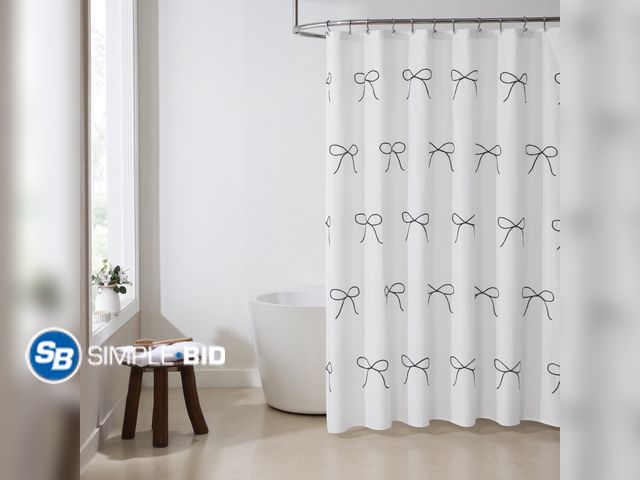 Lot 58-51408 - New My Texas House White/Black Embroidered Holiday Farmhouse Bow Cotton Shower Curtain, 72" x 72"