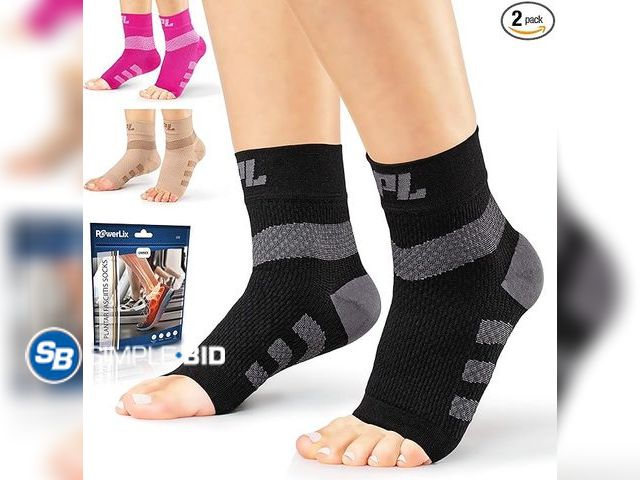 Lot 58-18051 - New POWERLIX Plantar fasciitis socks for Neuropathy (Pair) BEIGE Size Medium  for Women &amp; Men, A...