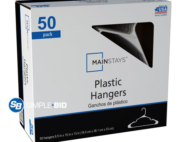 Lot 58-34454 - New Mainstays Plastic Clothes Hangers - 50 Pack, Lightweight &amp; Durable - Everyday Use - White