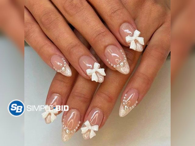 Lot 58-41624 - New White French Tip Almond Medium Fake Nails with White Pearls Bow Designs Pink Full Cover Glue on ...