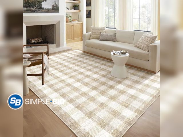 Lot 58-81210 - New Checkered Area Rug, 8x10, Beige Washable, Non Slip, Modern Neutral, For Living Room Bedroom Offi...