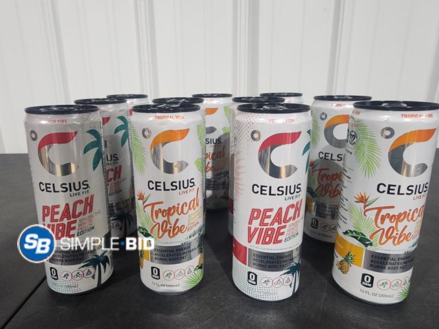 Lot 58-26131 - CELSIUS! LIVE fIt - Lot of (11) Peach Vibe and Tropical Vibe Energy drinks - 12 fl oz each - unopene...